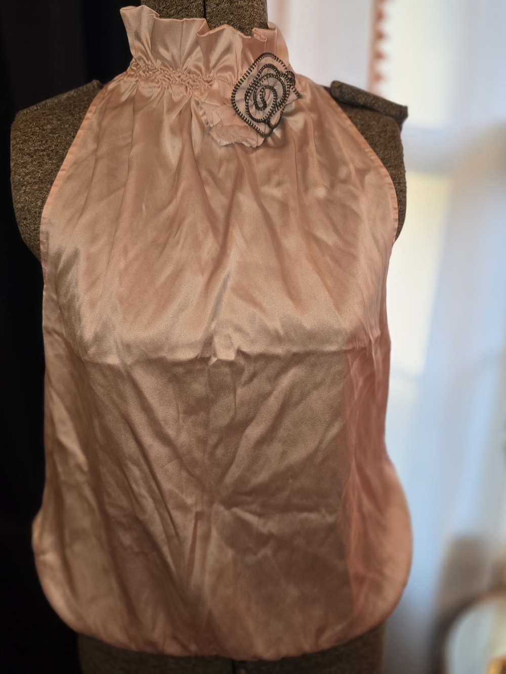 bebe Blush Pink Satin Halter Top with Neck Accent